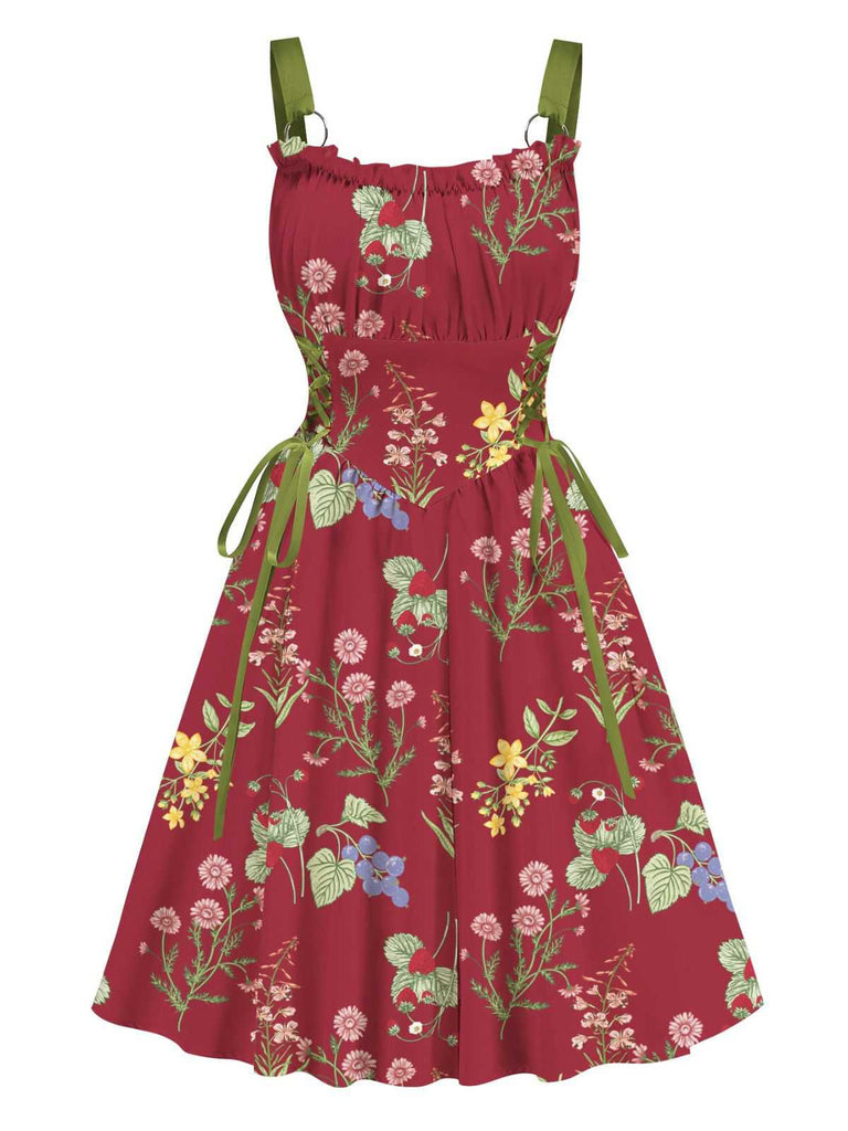 1950s Strap Floral Lace-Up Corset Dress