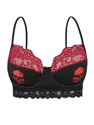 Black 1980s Gothic Skull Lace Patchwork Crop Top