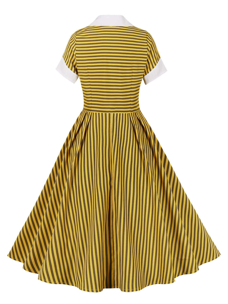 Yellow 1950s Bow Striped Swing Dress