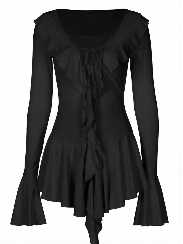 Pink 1960s V-Neck Ruffle Flared Sleeve Dress