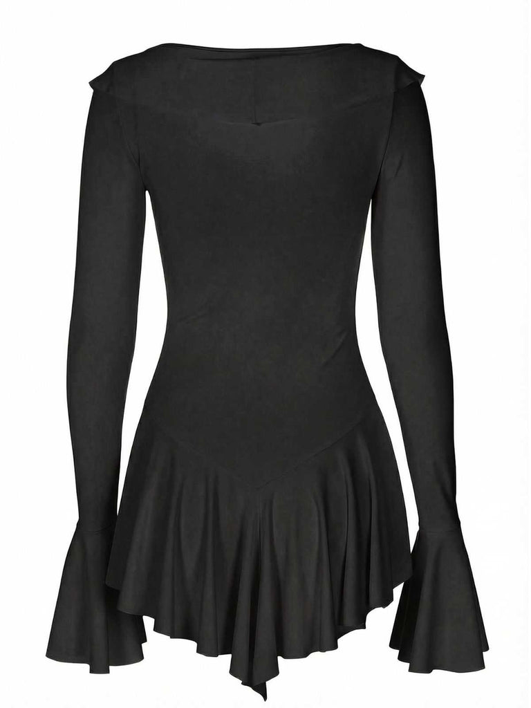 Pink 1960s V-Neck Ruffle Flared Sleeve Dress