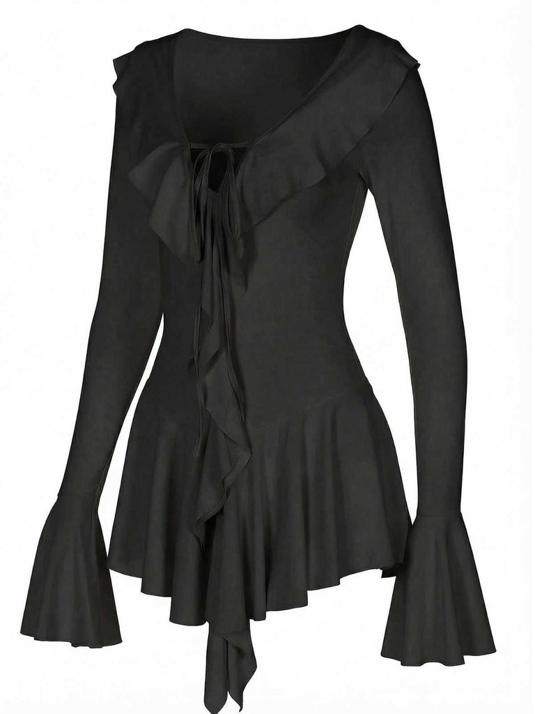 Pink 1960s V-Neck Ruffle Flared Sleeve Dress