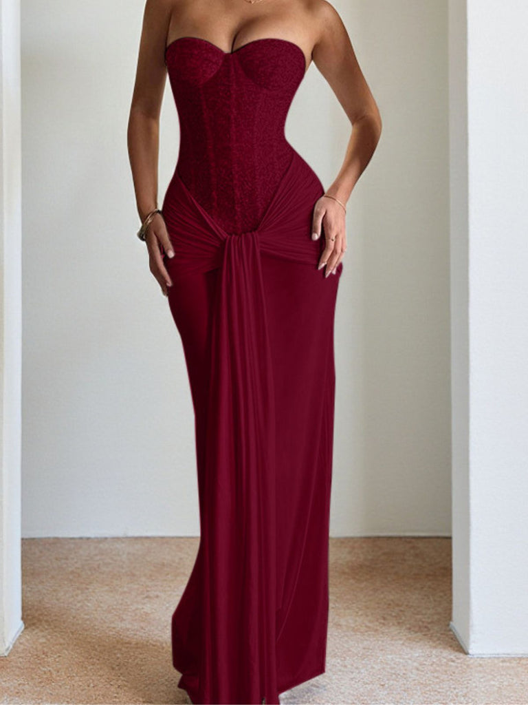 1930s Solid Lace-Up Strapless Maxi Dress