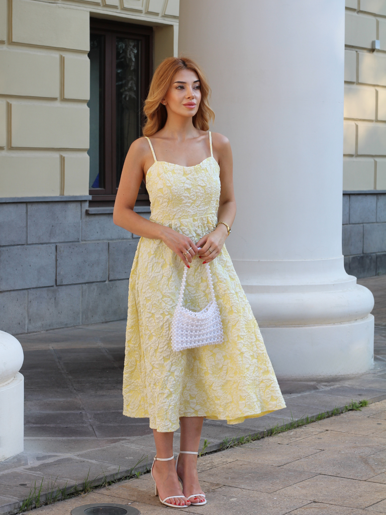 Yellow 1950s Floral Jacquard Textured Spaghetti Strap Midi Dress