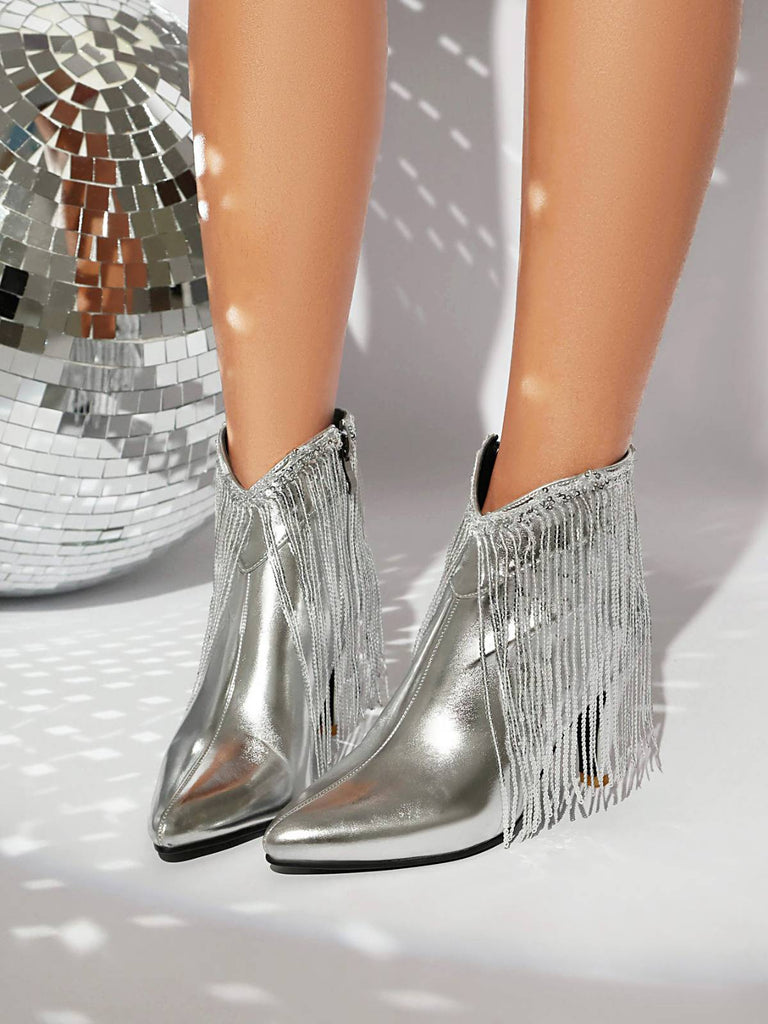 Metallic Tassel Pointed Toe Stiletto Chelsea Boots