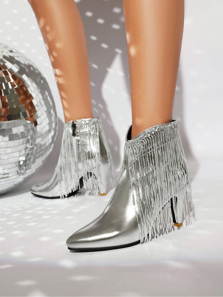 Metallic Tassel Pointed Toe Stiletto Chelsea Boots