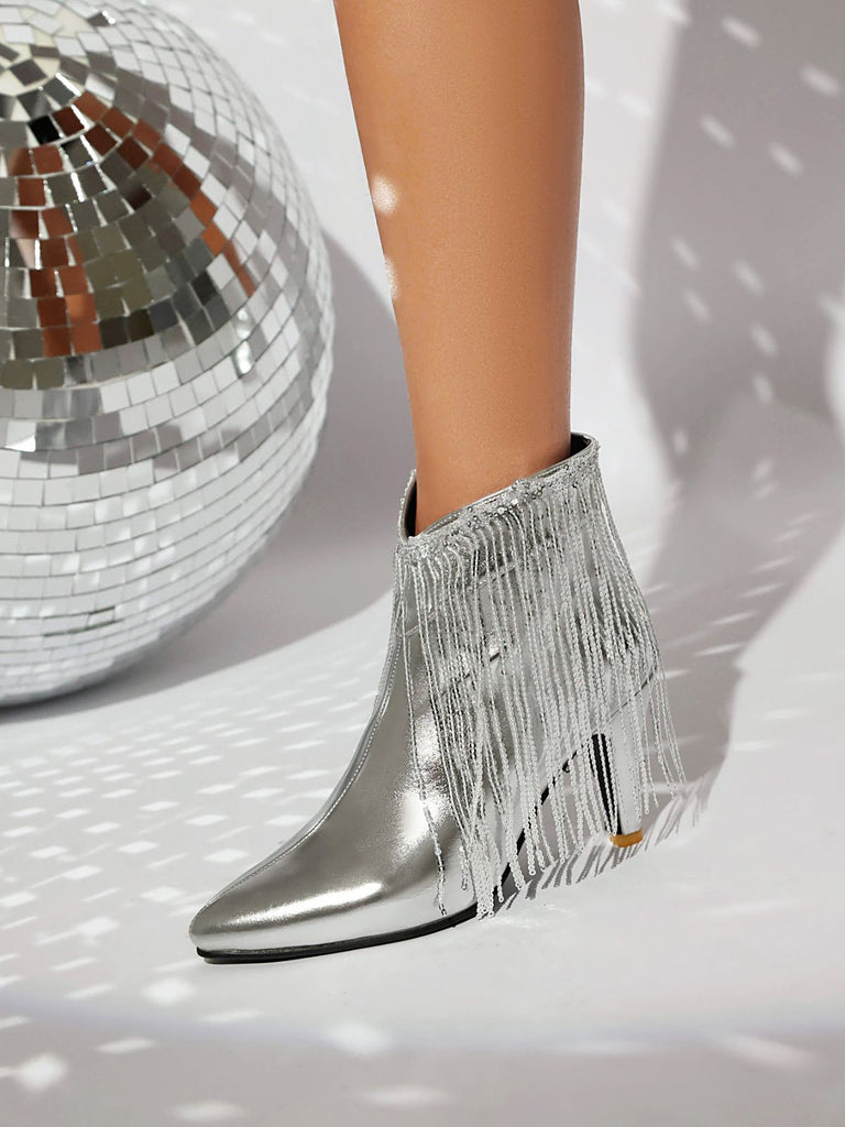 Metallic Tassel Pointed Toe Stiletto Chelsea Boots