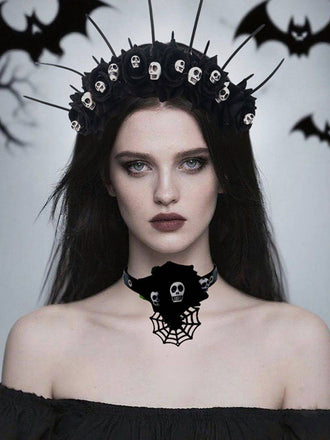 Gothic Skull Rose Halloween Headband & Necklace