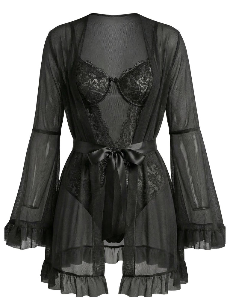 Red 1960s Solid Sheer Lace Patchwork Sleepwear Set