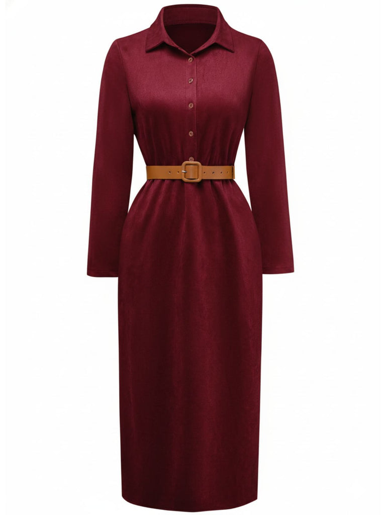 1930s Suede Button-Front Belted Shirt Dress