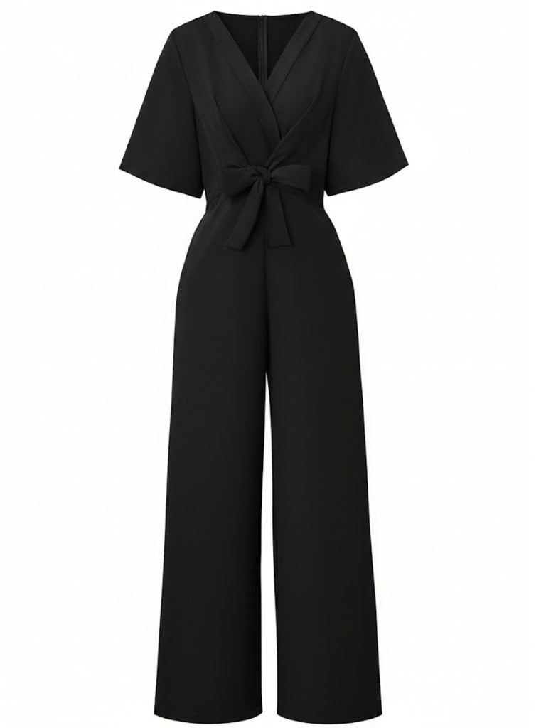 1940s Solid V-Neck Tie Short Sleeve Jumpsuit