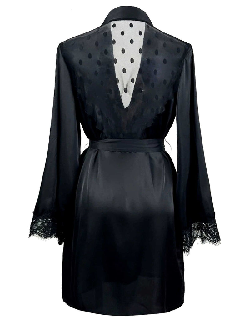 Black 1930s Polka Dots Lace Satin Robes