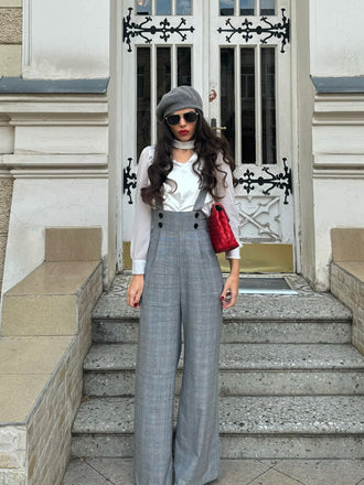 2PCS 1940s Satin Puff Sleeve Blouse & Glen Plaid Overall Pants