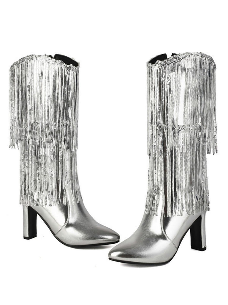 Metallic Pointed-toe Fringe Block-heel High Boots