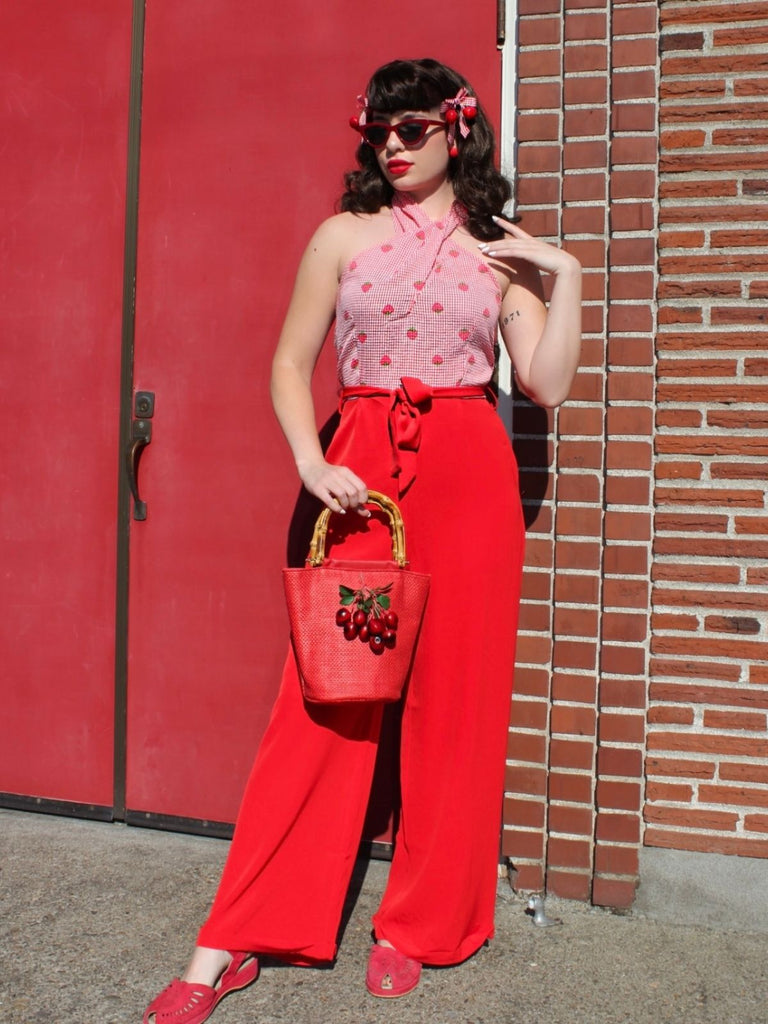 Red 1950s Strawberry Cross Halter Jumpsuit