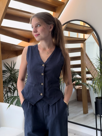 2PCS Dark Blue 1960s Solid Sleeveless Blazer Suit