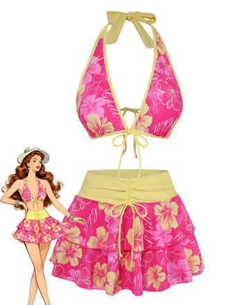 Pink 1960s Floral Print Tie-Front Layered Bikini Set