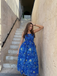 Blue 1940s Square Neck Starry Night Bow Swing Dress