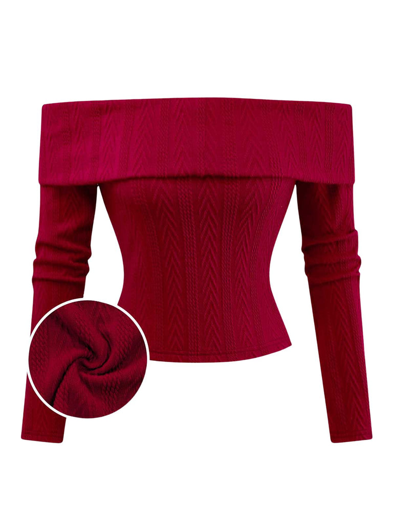[Pre-Sale] Red 1950s Off-Shoulder Knitted Sweater