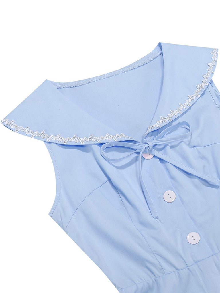 1950s Sailor Collar Bow-Tie Solid Sleeveless Dress