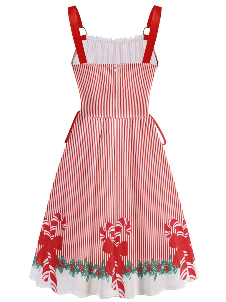Red 1950s Christmas Candy Cane Striped Lace-Up Holiday Dress
