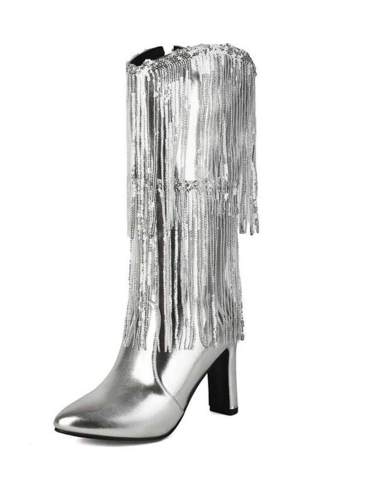 Metallic Pointed-toe Fringe Block-heel High Boots