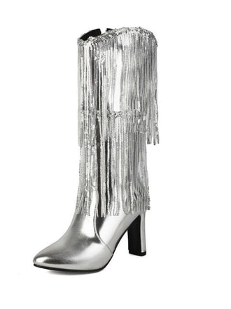 Metallic Pointed-toe Fringe Block-heel High Boots