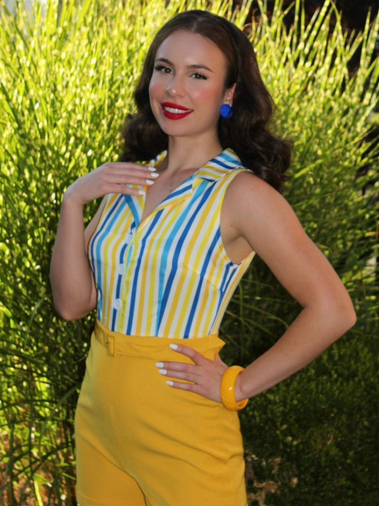 1950s Yellow White Blue Striped Lapel Romper