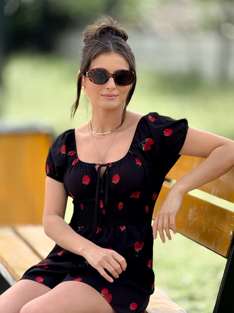 Black 1950s Raspberry Puff Sleeves Romper