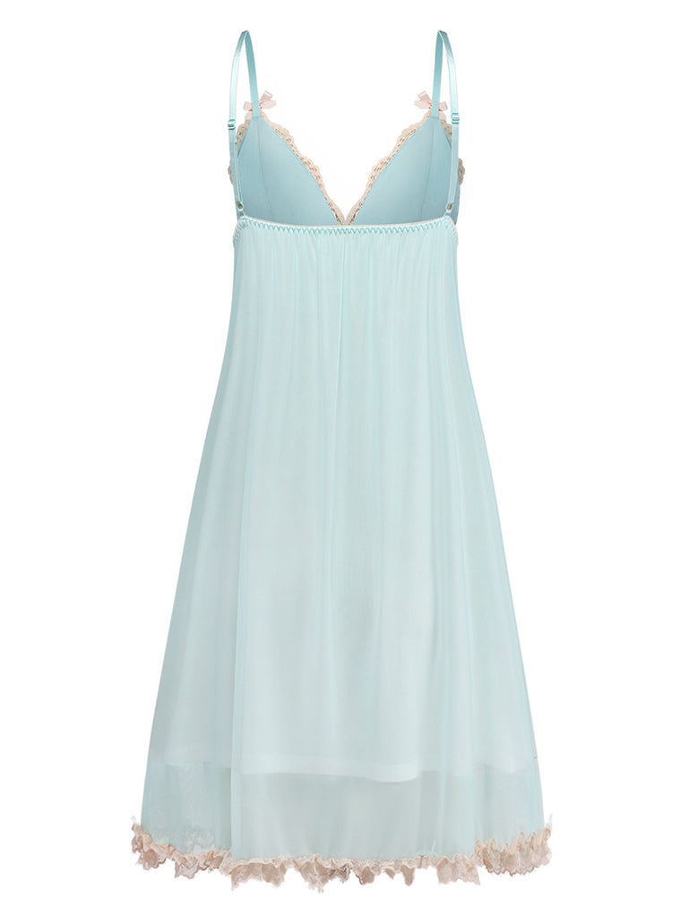 Green 1960s Mesh Lace Patchwork Bow Straps Nightdress