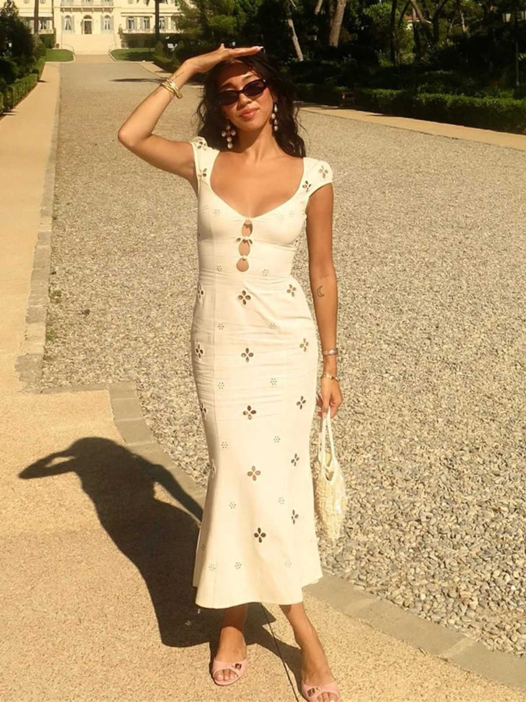 White 1960s Floral Cutout Cap Sleeve Fishtail Dress