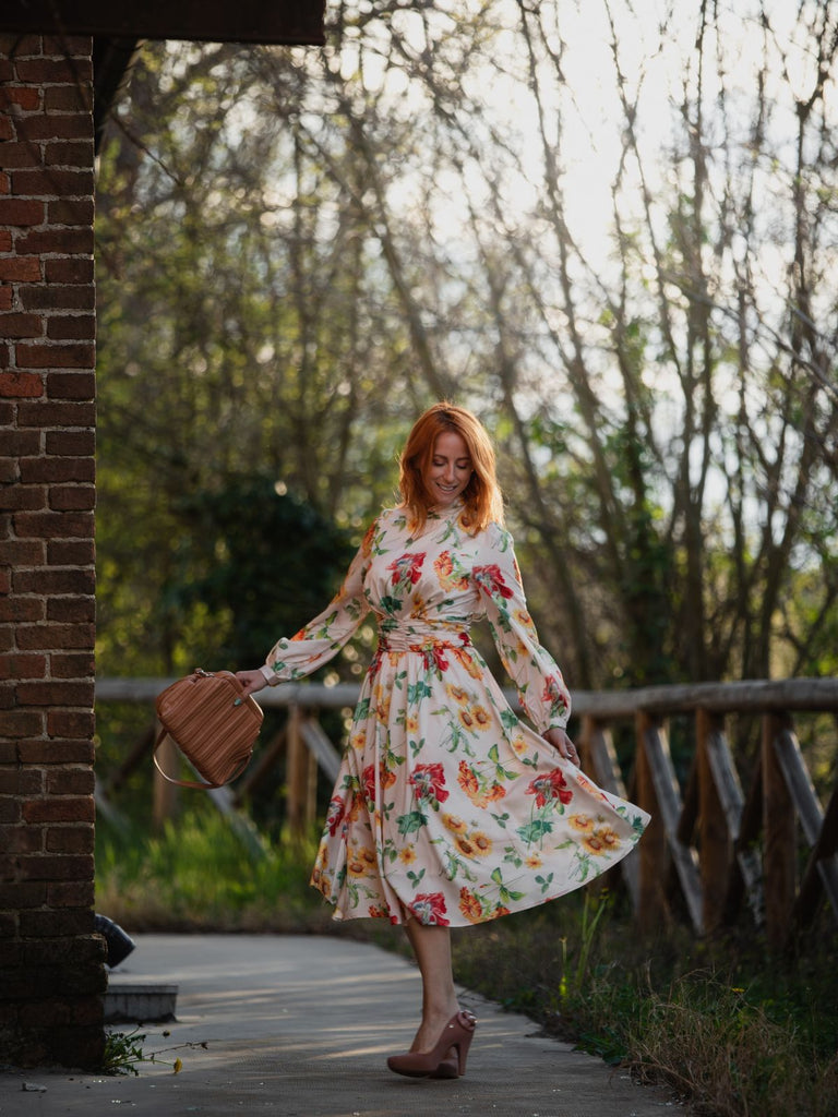 1930s Flower Long Sleeves Swing Dress