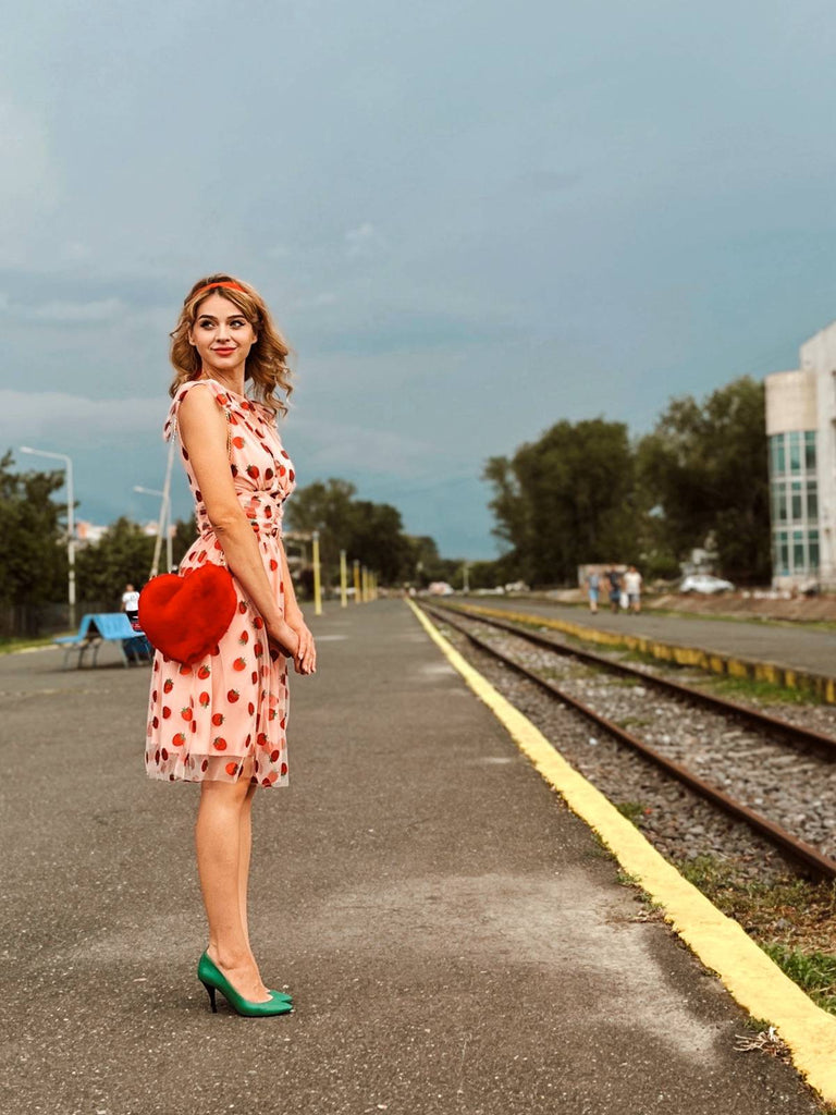 Pink 1950s Strawberry Mesh Swing Dress