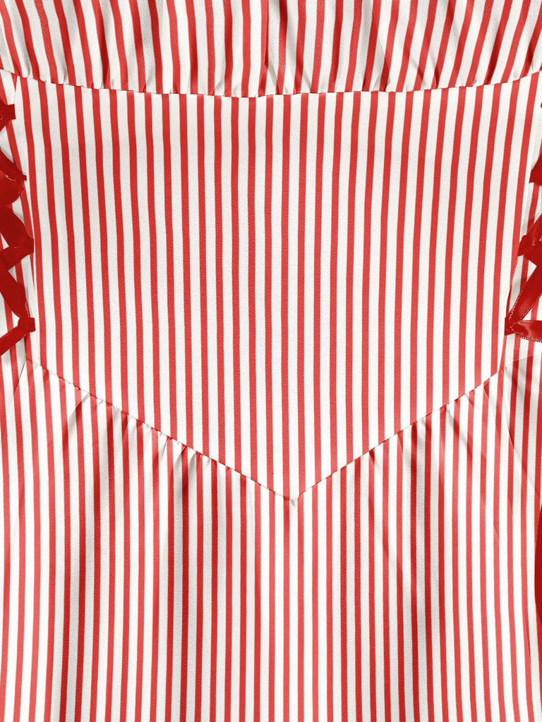 Red 1950s Christmas Candy Cane Striped Lace-Up Holiday Dress