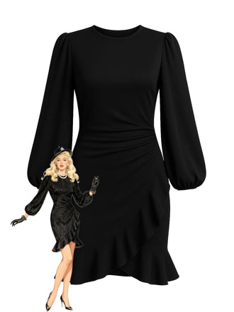 [Pre-Sale] Black 1960s Solid Puff-Sleeve Ruffled Dress