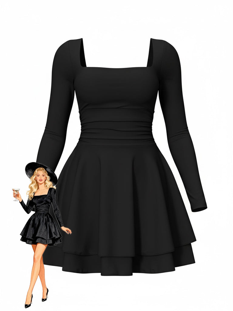 1980s Solid Fitted Square Neck Long Sleeve Dress