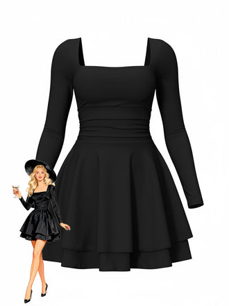 1980s Solid Fitted Square Neck Long Sleeve Dress