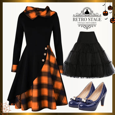 Orange 1950s Plaids Hooded Patchwork Dress