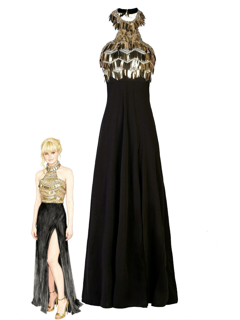 Gold 1930s Sequined Patchwork Halter Backless Evening Dress