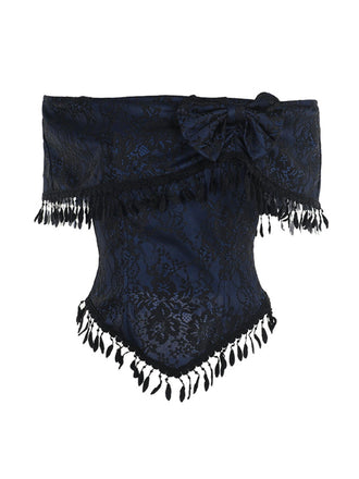 Dark Blue 1930s Halloween Off-Shoulder Lace Tassel Top