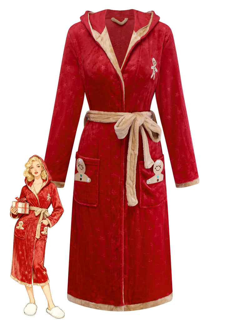 1940s Christmas Gingerbread Hooded Flannel Robe