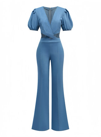 Blue 1970s Denim Puff Sleeve Cut-out Jumpsuit