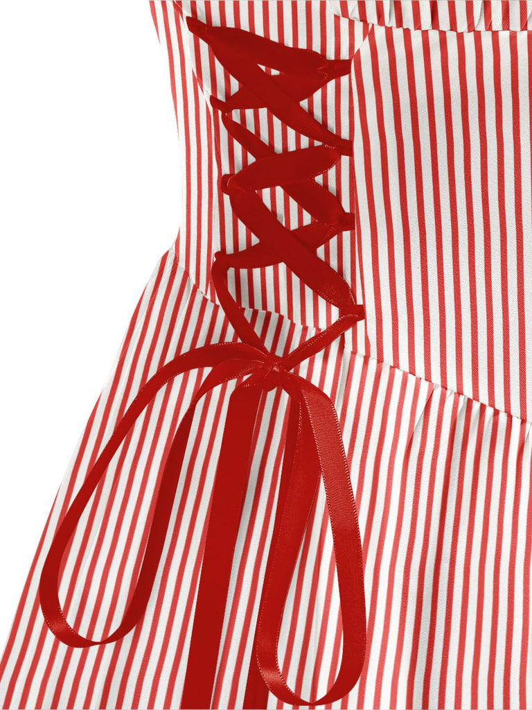 Red 1950s Christmas Candy Cane Striped Lace-Up Holiday Dress