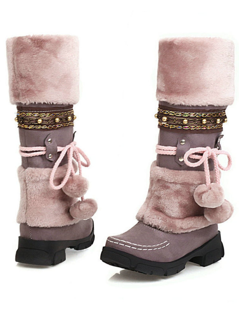 Vintage Faux Fur Pom-Pom Winter Snow Boots