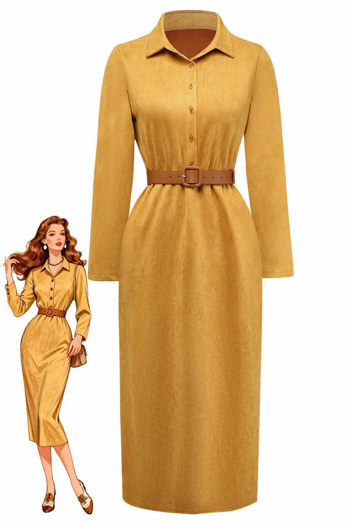 1930s Suede Button-Front Belted Shirt Dress