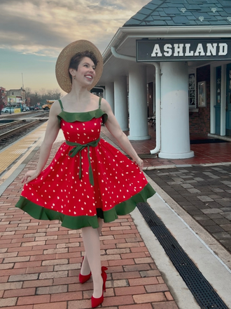 Red 1950s Strawberry Ruffle Belt Dress