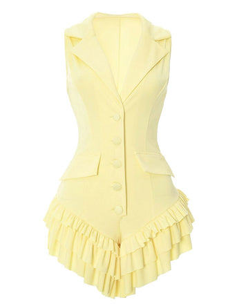 1960s Lapel Button Ruffle Hem Romper