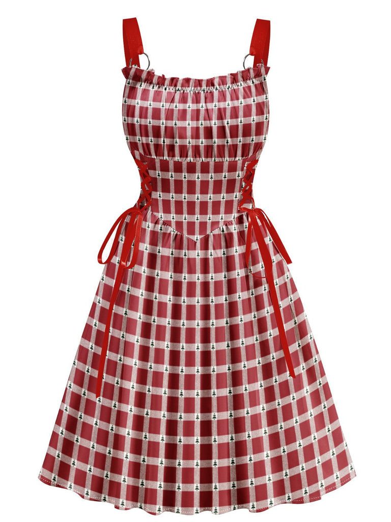 Red 1950s Christmas Candy Cane Striped Lace-Up Holiday Dress