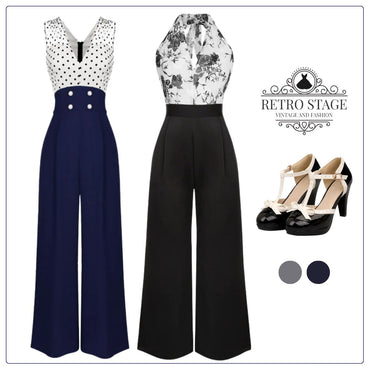 Black White 1930s Floral Halter Strap Jumpsuit