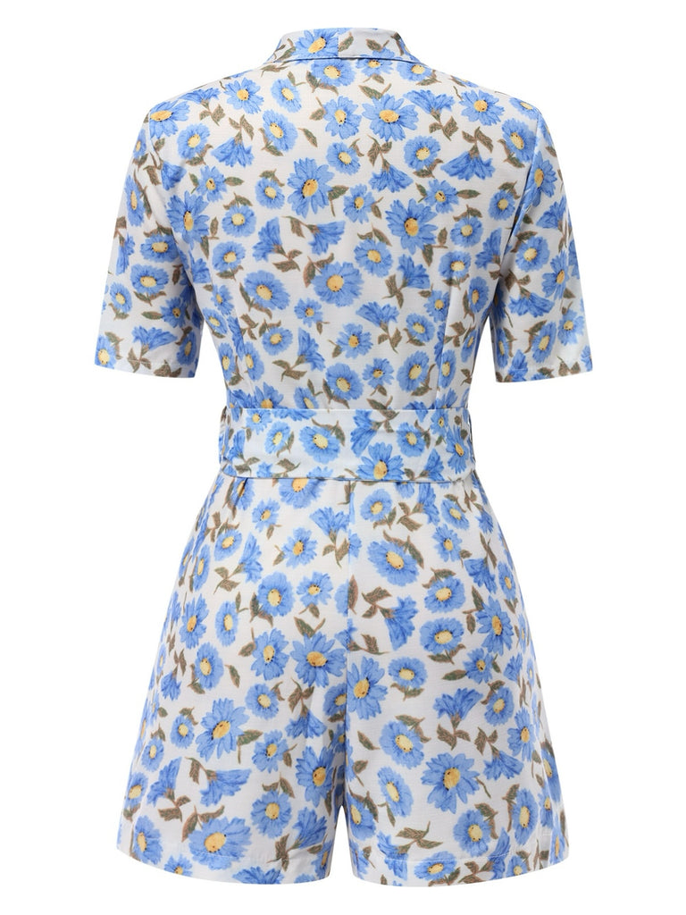 1960s Floral Print Lapel Belted Romper